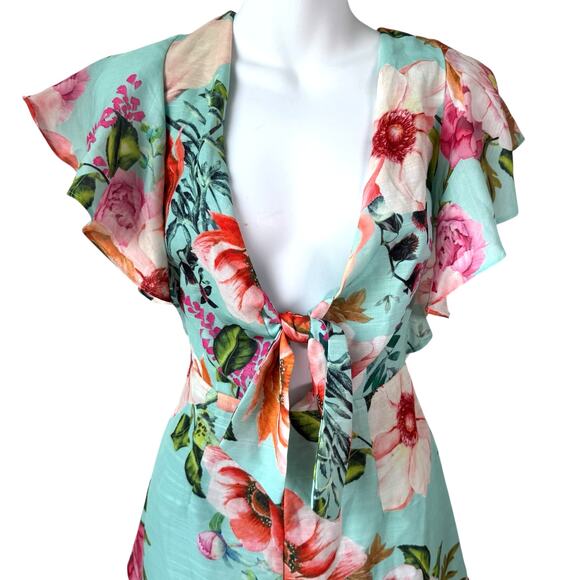 Tropical Floral Print Plunge Neck Romper Medium Flutter Ruffle Summer Resortwear - Picture 3 of 16